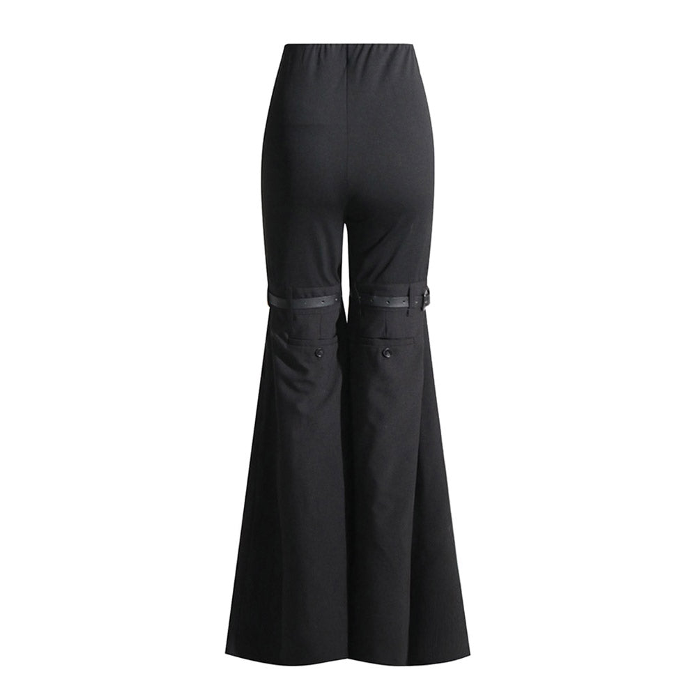 Knees Waist Patchwork Black Flared Pants