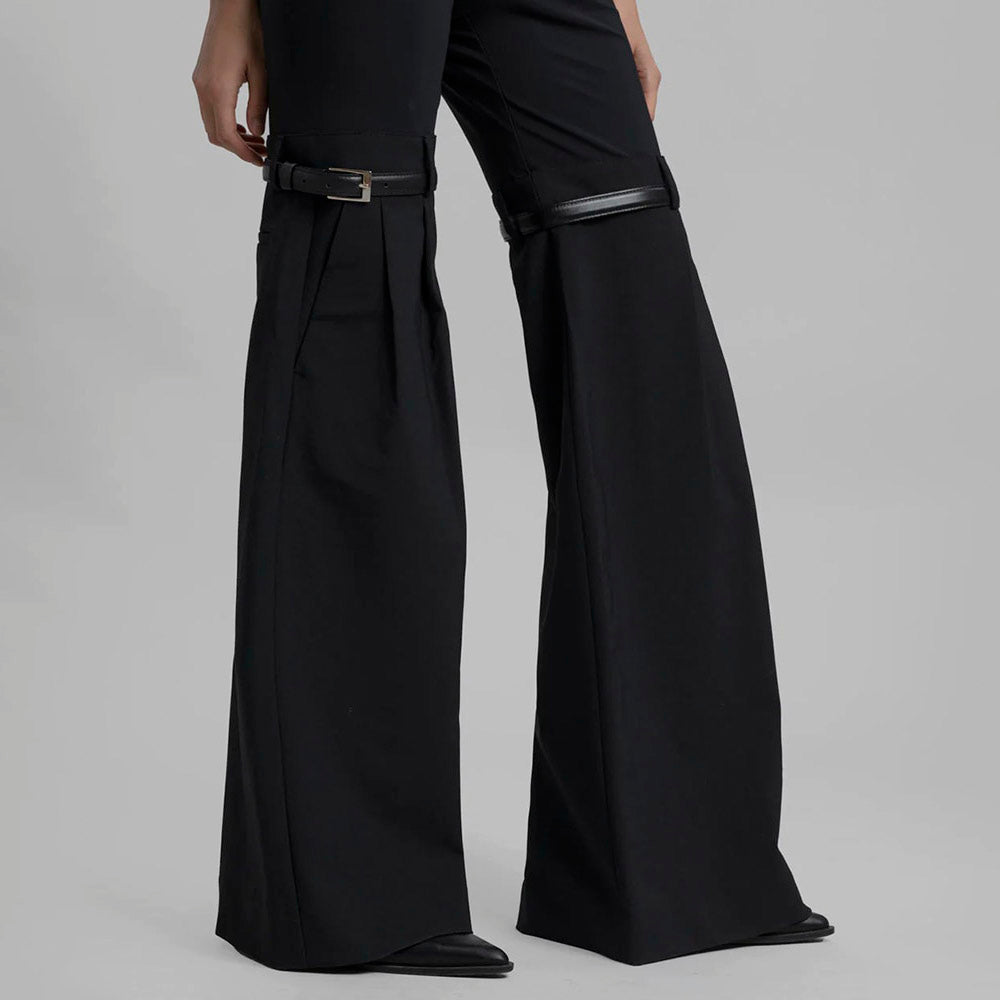 Knees Waist Patchwork Black Flared Pants