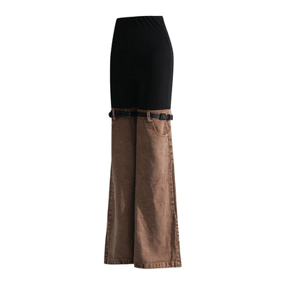 Knees Waist Patchwork Khaki Denim Flared Pants