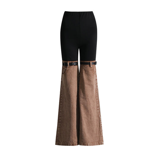 Knees Waist Patchwork Khaki Denim Flared Pants