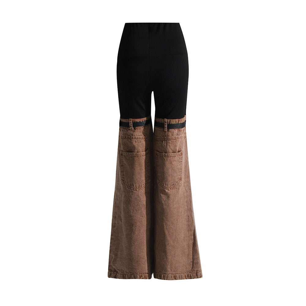 Knees Waist Patchwork Khaki Denim Flared Pants