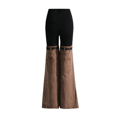 Knees Waist Patchwork Khaki Denim Flared Pants