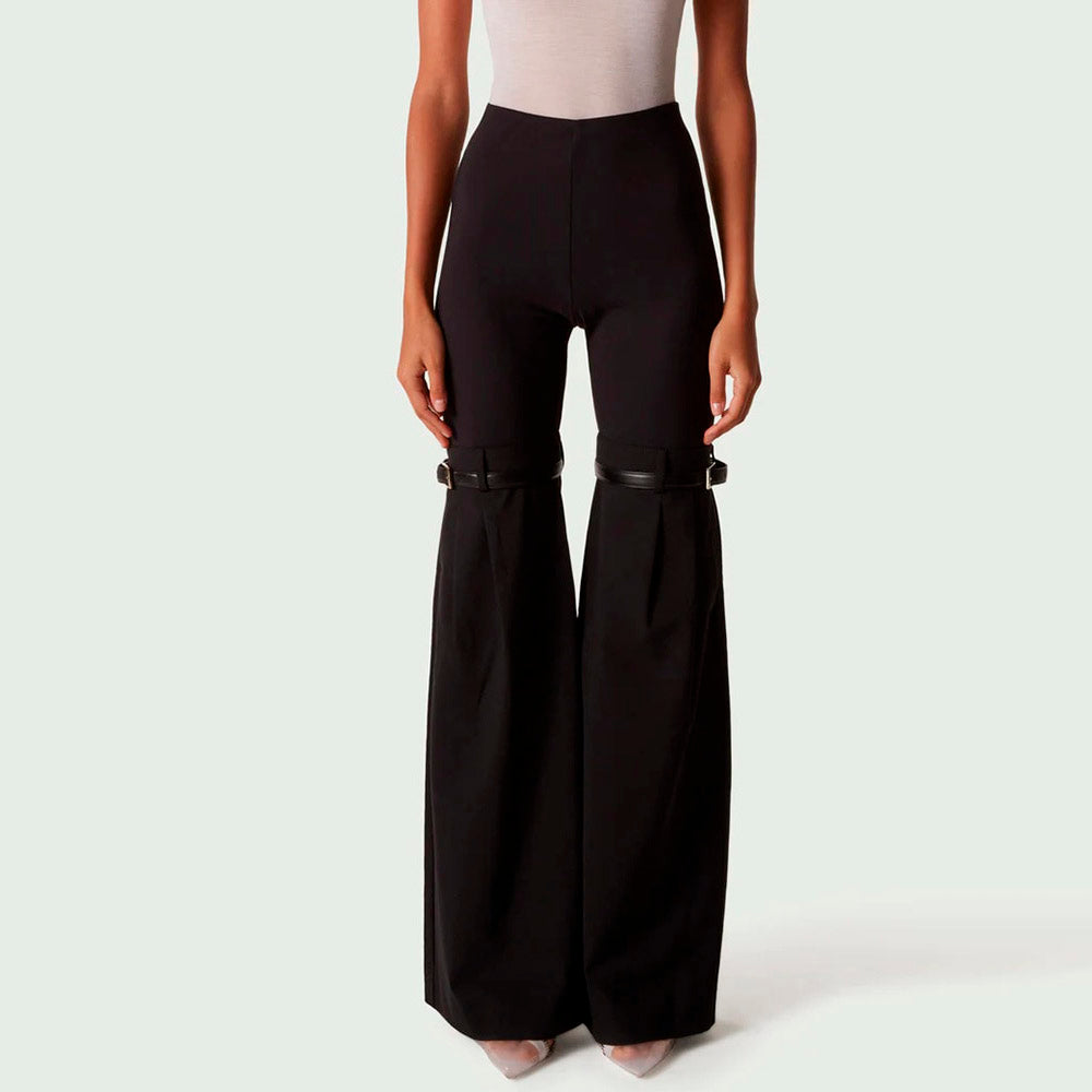 Knees Waist Patchwork Black Flared Pants