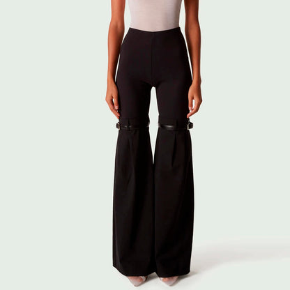 Knees Waist Patchwork Black Flared Pants