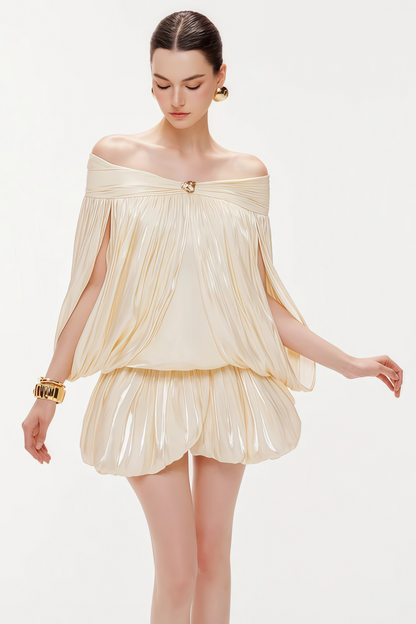 Shayla Neutral Asymmetrical Shirred Glossy Mini Dress