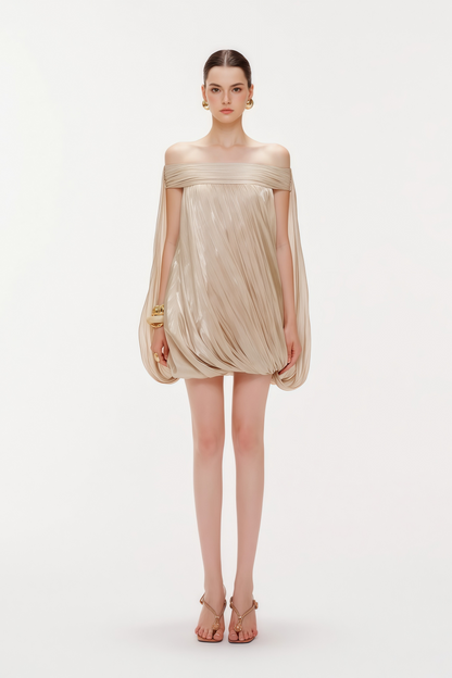 Anastasia Neutral Draped Glossy Mini Dress
