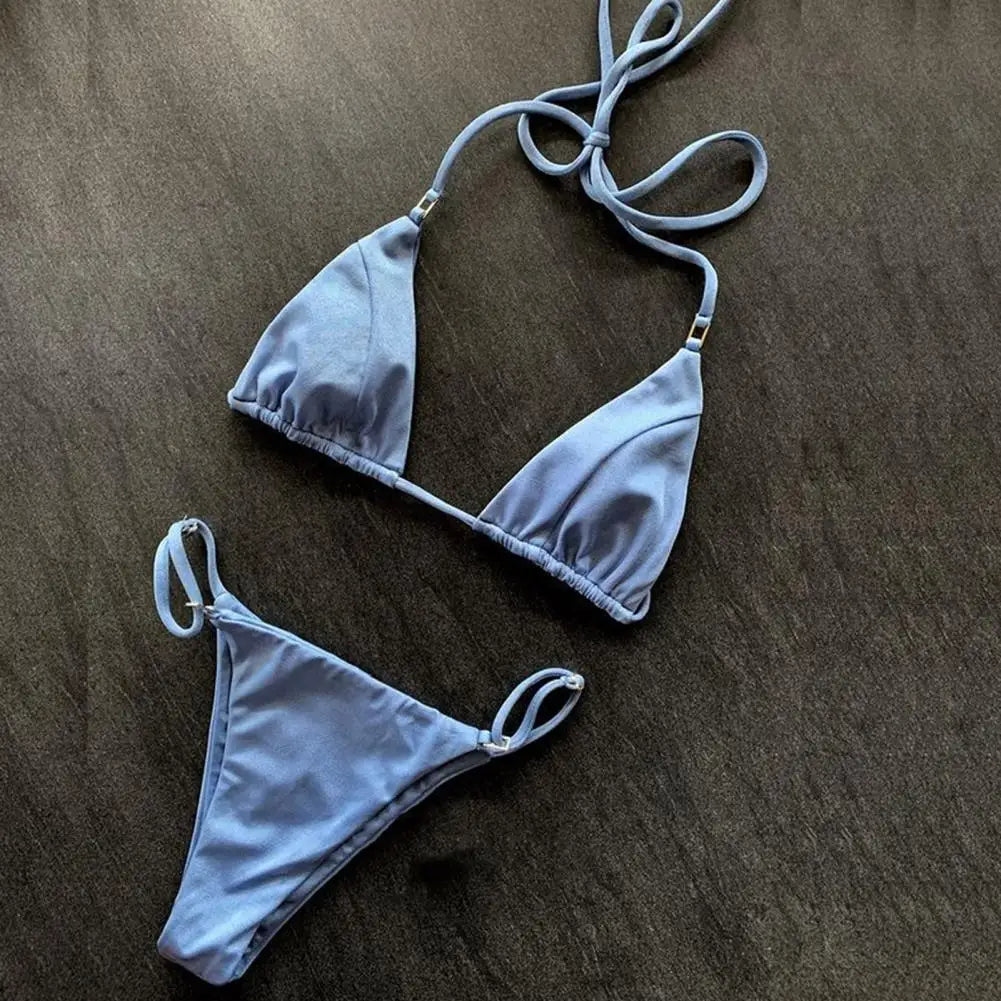 Minimalist Sky Blue Bikini Set – Adjustable Triangle Top & High Cut Thong Bottom for Beach Vacations