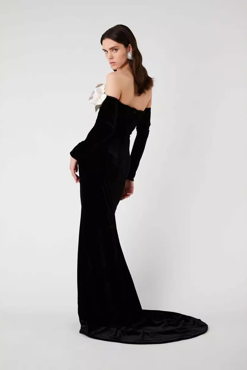 Lara Bowtie Off-shoulder Velvet Maxi Dress-Sunfere