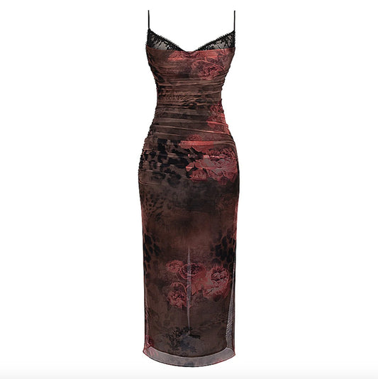 Floral Print Brown Bodycon Dress