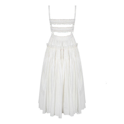 White Puff Hollow Out Pleated Big Hem Dress