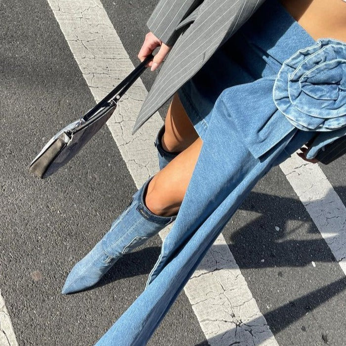 Flower Decorated Denim Mini Skirt