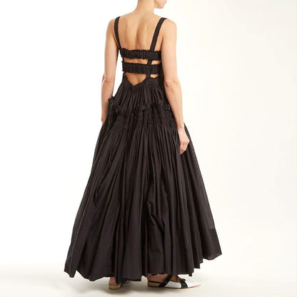 Black Puff Hollow Out Pleated Big Hem Dress
