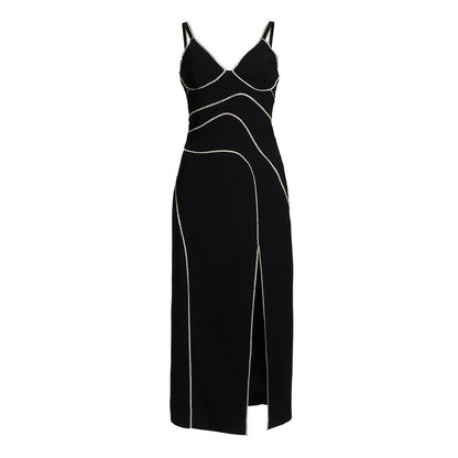 Straps V-Neck Crystal Side Split Midi Dress