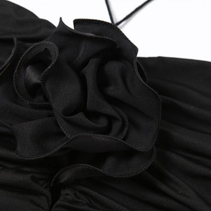 Black Flower Necklace Lace Up Sleeveless Halter Tank Top