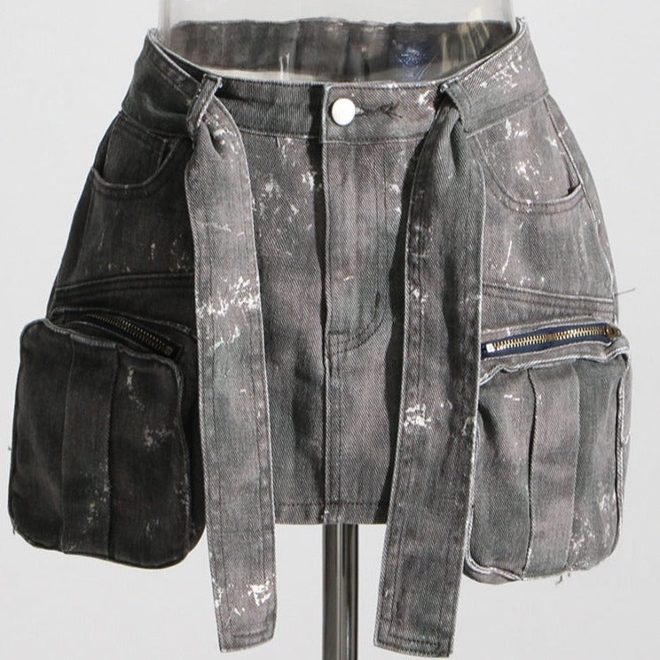 Grey Denim Pockets High Waist Skirt