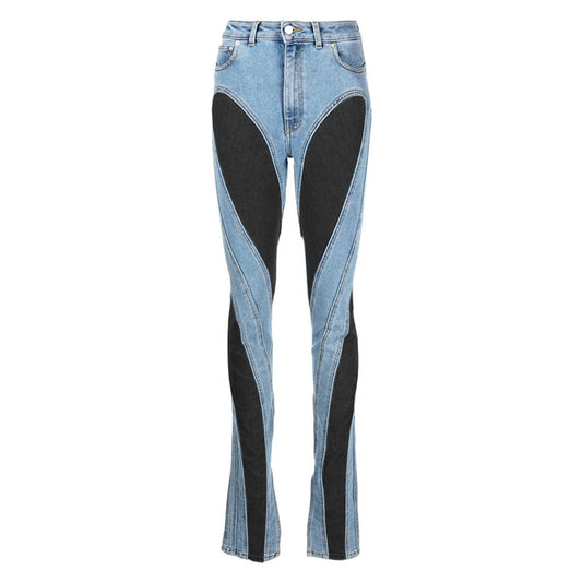 Denim Patchwork Black and Blue High Waist Slit Slim Jeans