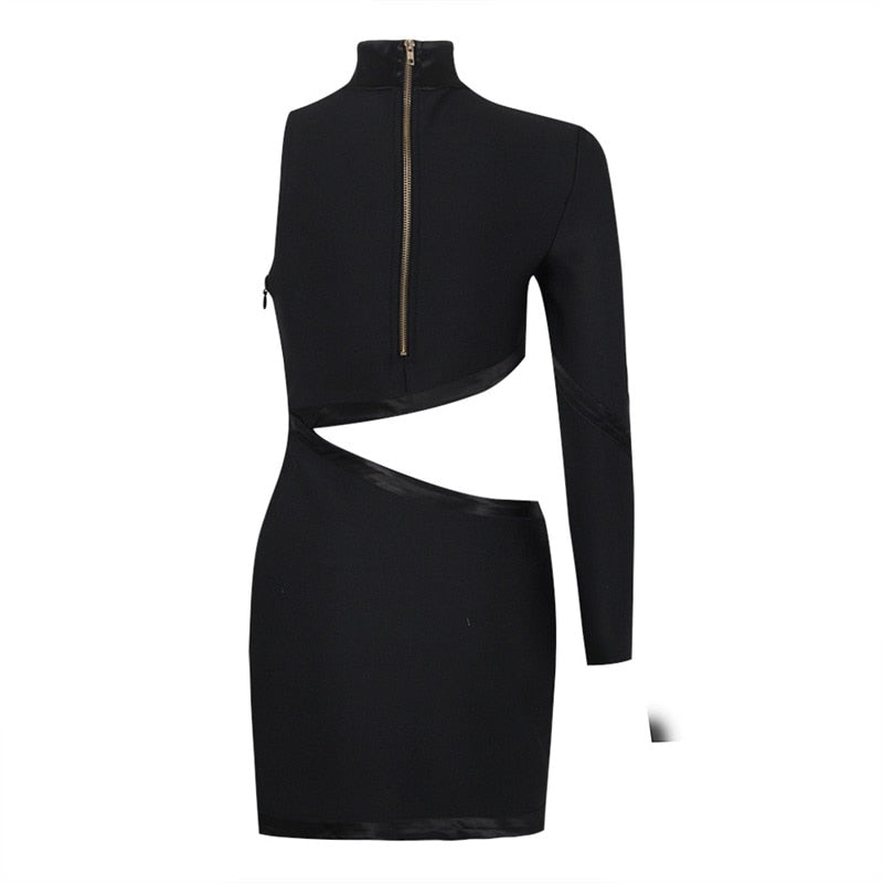 Black One Shoulder Hollow Out Side Slit Mini Dress