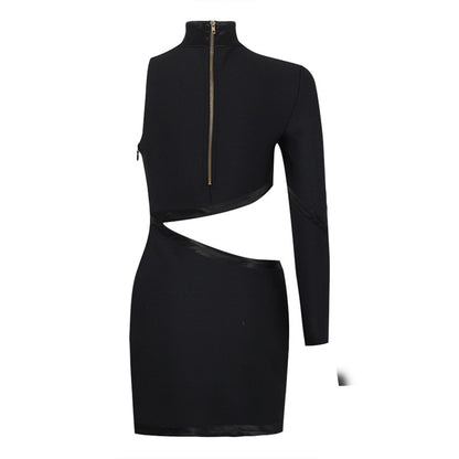 Black One Shoulder Hollow Out Side Slit Mini Dress