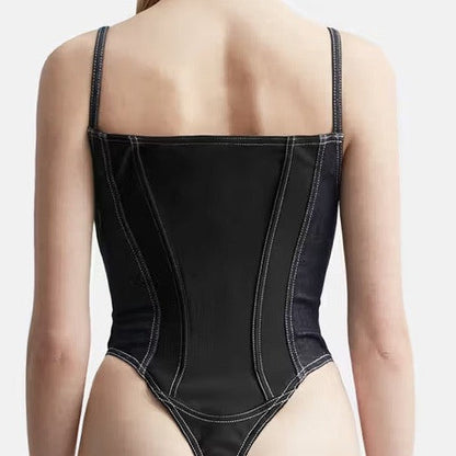 Black Denim Patchwork Lace Up Zipper Bodysuit