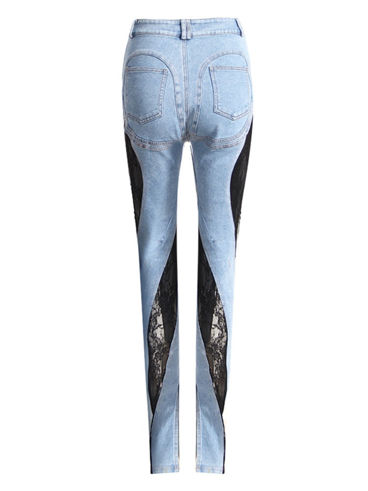 Denim Patchwork Lace and Blue High Waist Slit Slim Jeans