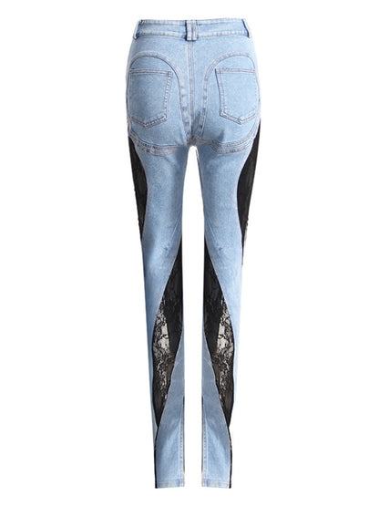 Denim Patchwork Lace and Blue High Waist Slit Slim Jeans