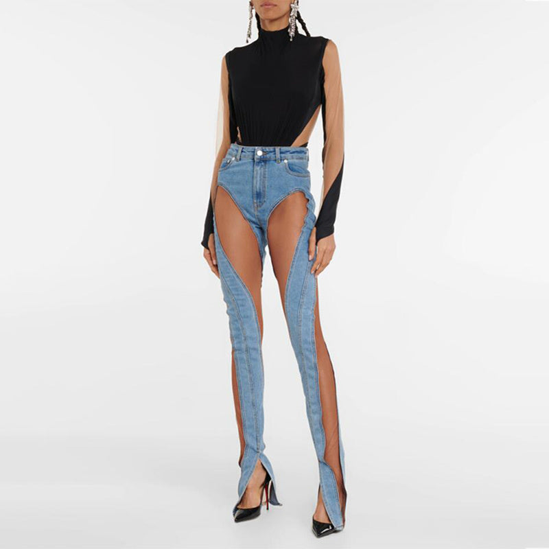 Denim Patchwork Mesh and Blue High Waist Slit Slim Jeans
