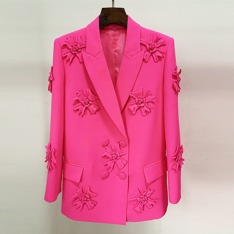 Double-Breasted 3D Flowers Pink Jacket