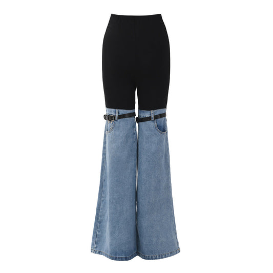 Knees Waist Patchwork Light Blue Denim Flared Pants