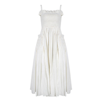White Puff Hollow Out Pleated Big Hem Dress
