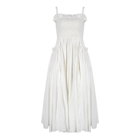 White Puff Hollow Out Pleated Big Hem Dress