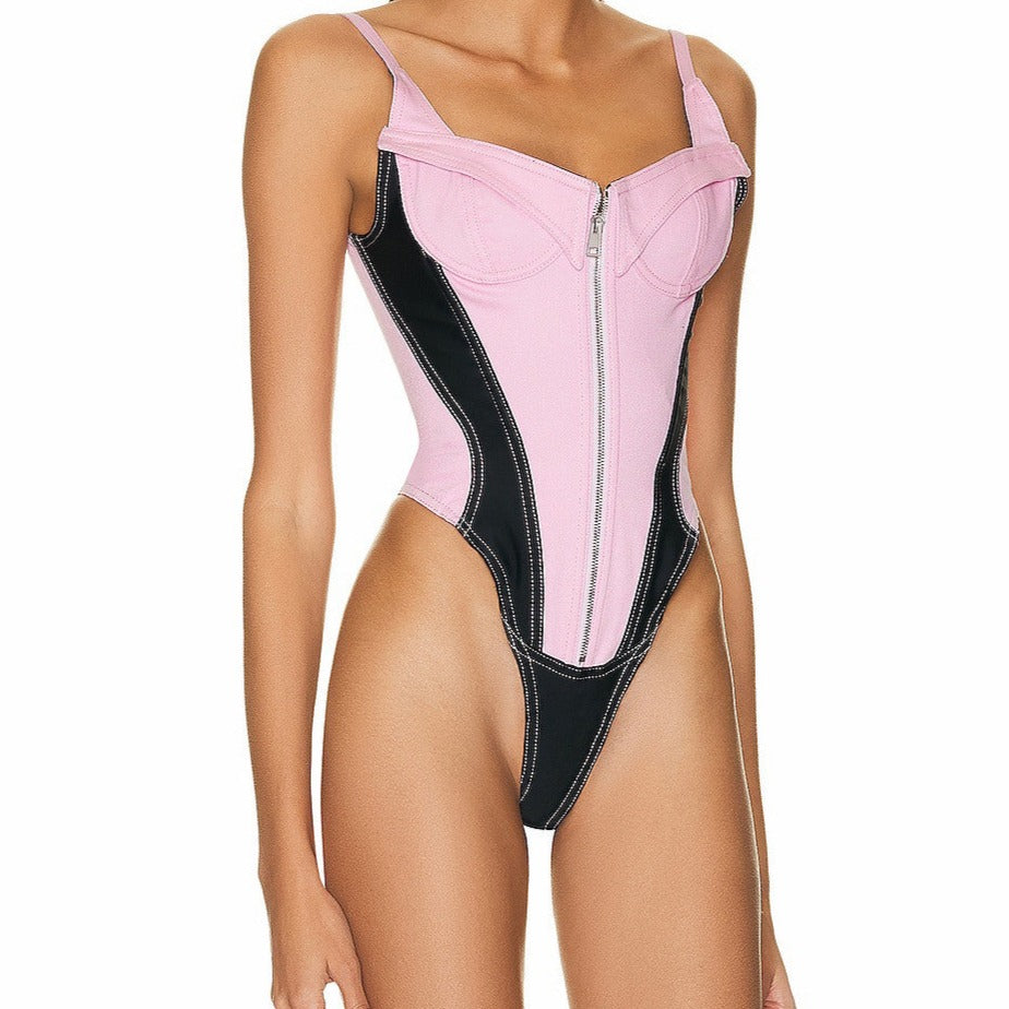 Pink Denim Patchwork Lace Up Zipper Bodysuit