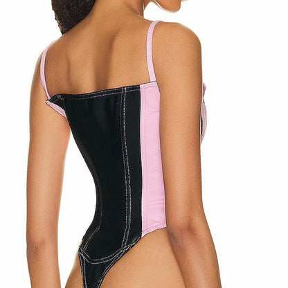 Pink Denim Patchwork Lace Up Zipper Bodysuit