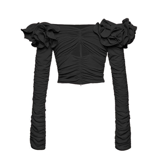 Black Flower Decorated Long Sleeve Off Shoulder Hollow Out Ruched Blouse
