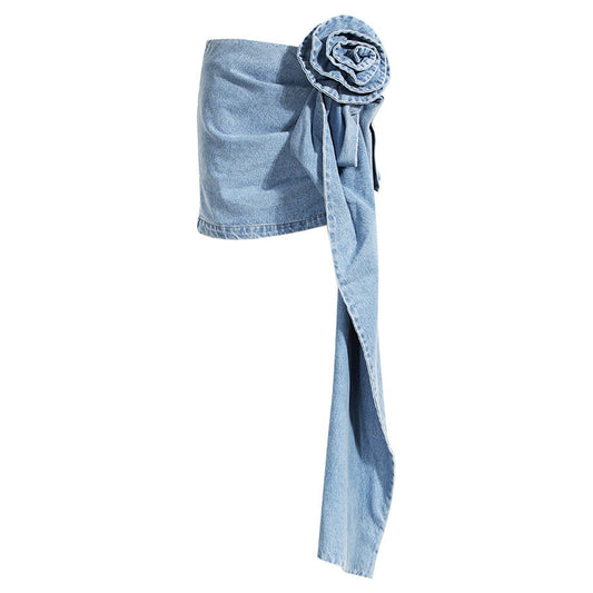 Flower Decorated Denim Mini Skirt