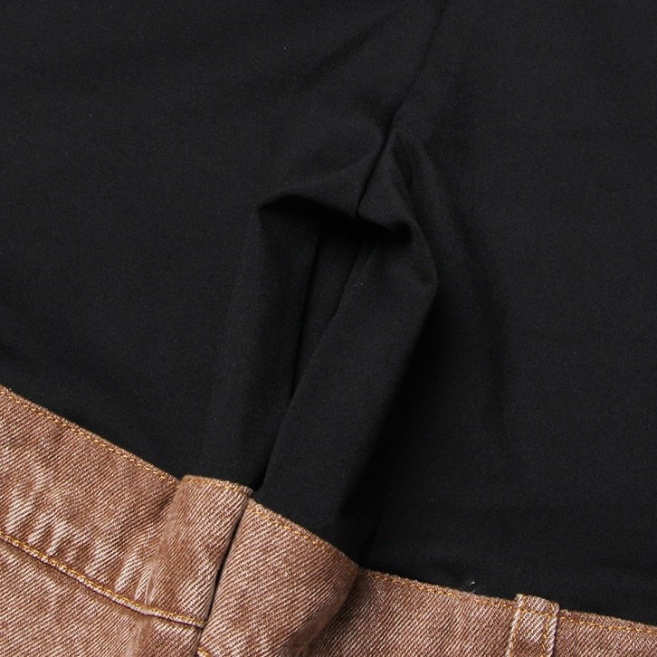 Knees Waist Patchwork Khaki Denim Flared Pants