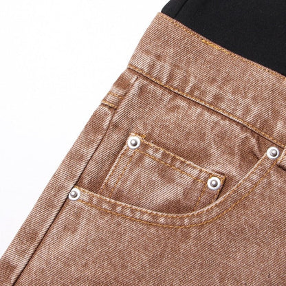 Knees Waist Patchwork Khaki Denim Flared Pants