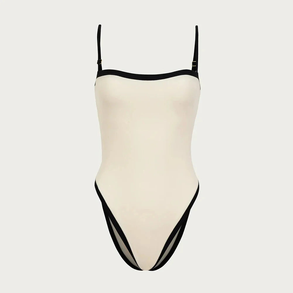 black and white one-piece swimsuit, brazilian cut swimwear, minimalist swimsuit for women, summer beachwear, luxury swim fashion