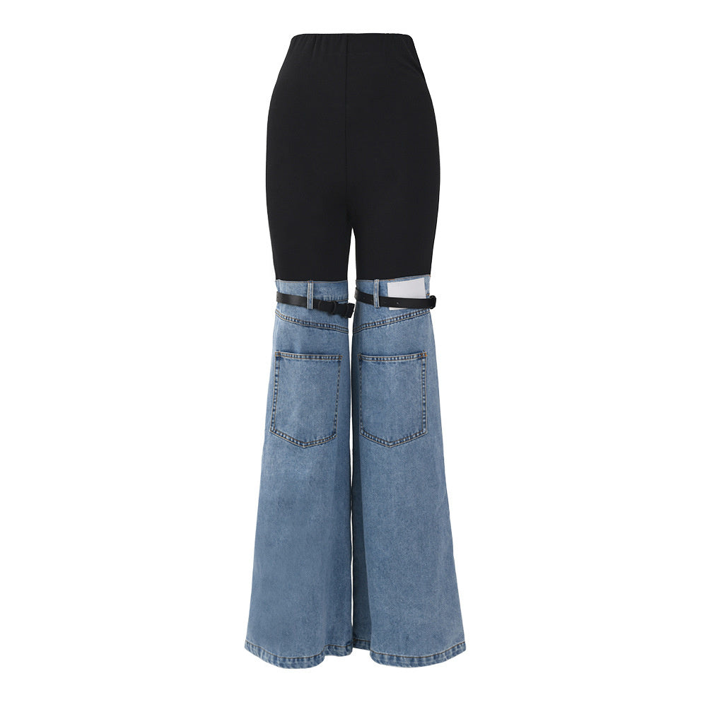 Knees Waist Patchwork Light Blue Denim Flared Pants