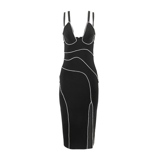 Straps V-Neck Crystal Side Split Midi Dress