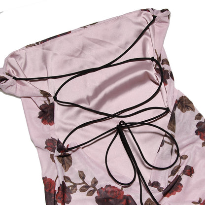 Lace Up Backless Floral Printing Bodycon Maxi Dress