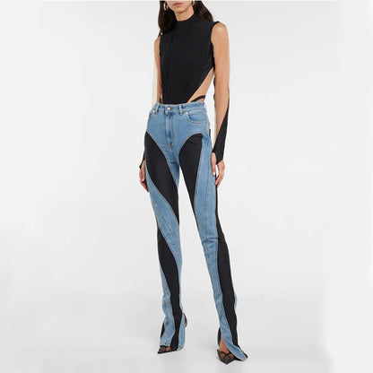 Denim Patchwork Black and Blue High Waist Slit Slim Jeans