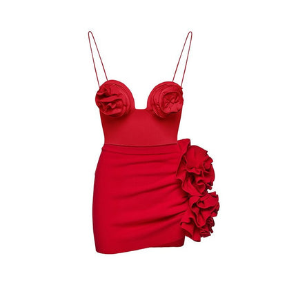 Red Flower Decorated Bodysuit and Mini Skirt Set