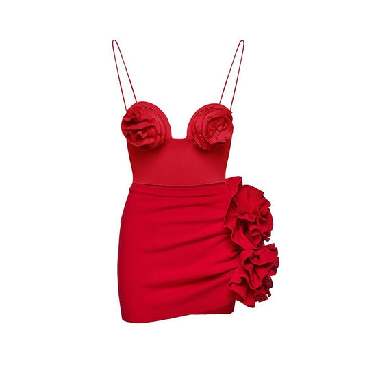Red Flower Decorated Bodysuit and Mini Skirt Set