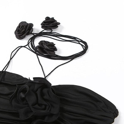 Black Flower Necklace Lace Up Sleeveless Halter Tank Top