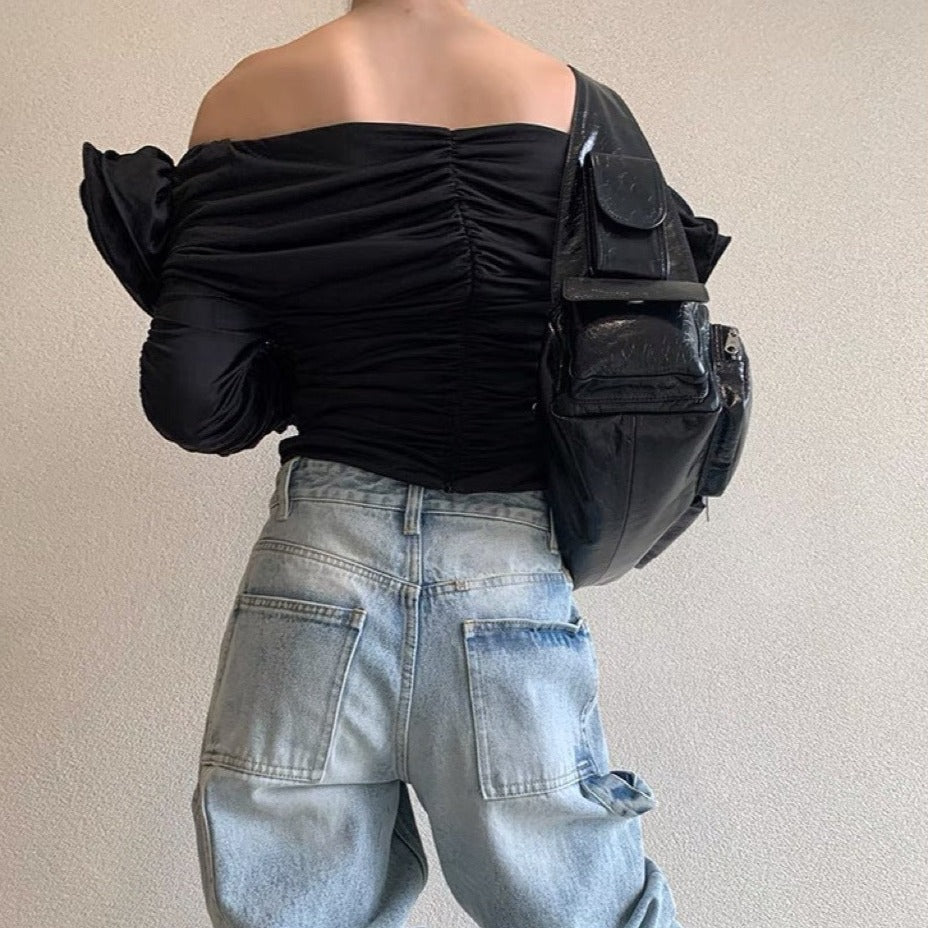 Black Flower Decorated Long Sleeve Off Shoulder Hollow Out Ruched Blouse