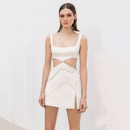Hollow Out Sleeveless White Mini Dress