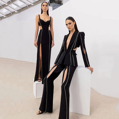 V-neck Sleeveless Hollow out Black Crystals Side Split Maxi Dress