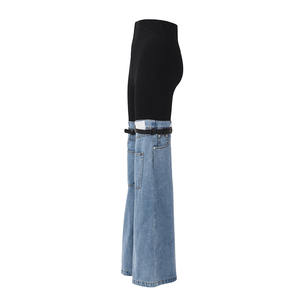 Knees Waist Patchwork Light Blue Denim Flared Pants