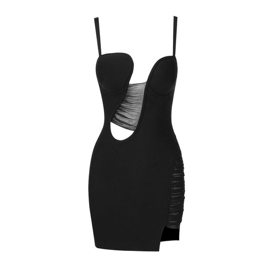 Sleeveless Black Hollowed Out Mesh Mini Dress