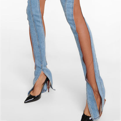 Denim Patchwork Mesh and Blue High Waist Slit Slim Jeans